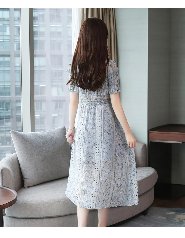 Летний винтажный Шифоновый Сарафан с цветочным рисунком, Boho, корейские элегантные женские платья средней длины, вечерние, сексуальные, повседневные, пляжные, Vestidos, большие размеры