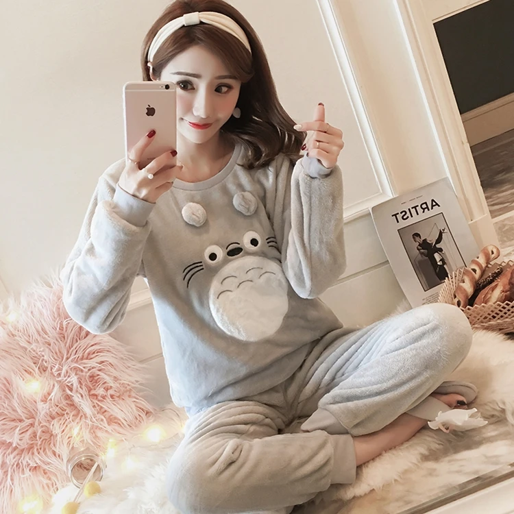 pajamas-graytototo Толстые теплые фланелевые клетчатые Пижамные комплекты для женщин зимняя Коралловая бархатная пижама с длинными рукавами для девочек Милая одежда для сна домашняя одежда - Цвет: pajamas-graytototo