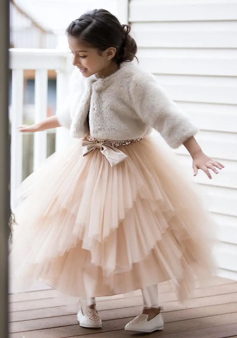 

2020 Sequin A line Flower Girls Dresses for Weddings Tutu Tulle Birthday Party Girl Communion Pageant Gown with Big Bow