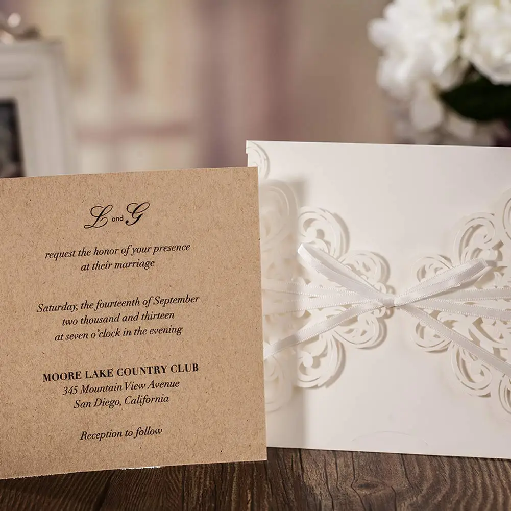 50Pcs Blue Laser Cut Wedding Invitations Cards Happy Birthday Gift Greeting Card with Envelopes and Handmade Ribbon Decorations | Дом и сад