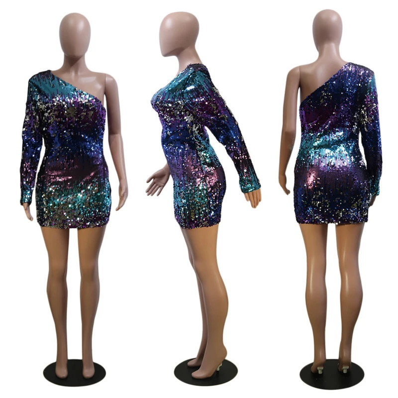 Adogirl разноцветные Блестки одно плечо Bodycon платье Для женщин с длинным рукавом
