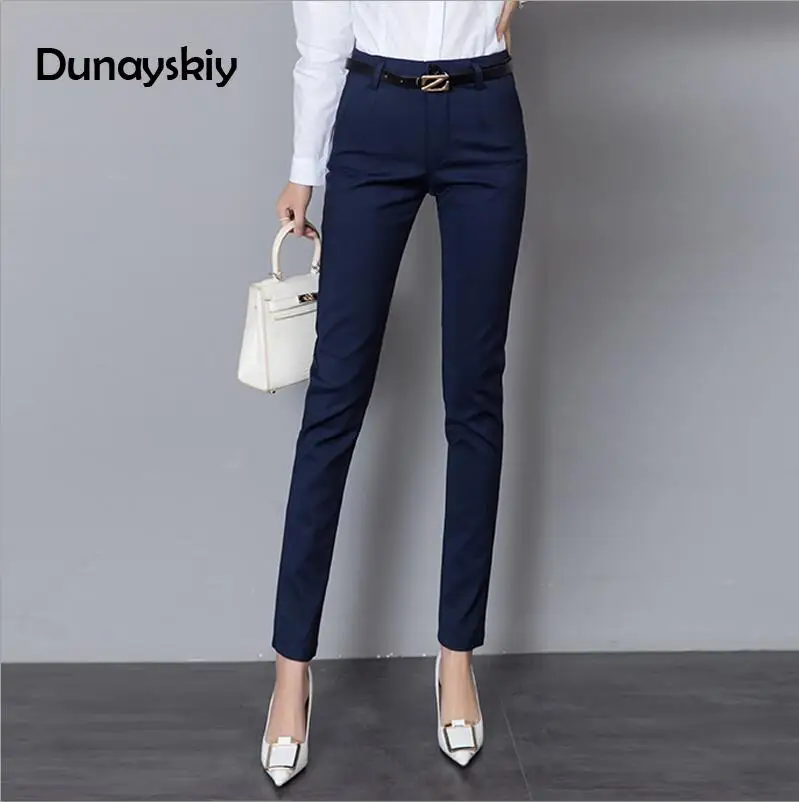 Navy Blue Dunayskiy, женские весенние однотонные узкие брюки с высокой талией, формальный стиль OL, Женские рабочие штаны, брюки с пуговицами, на молнии - Цвет: Navy Blue