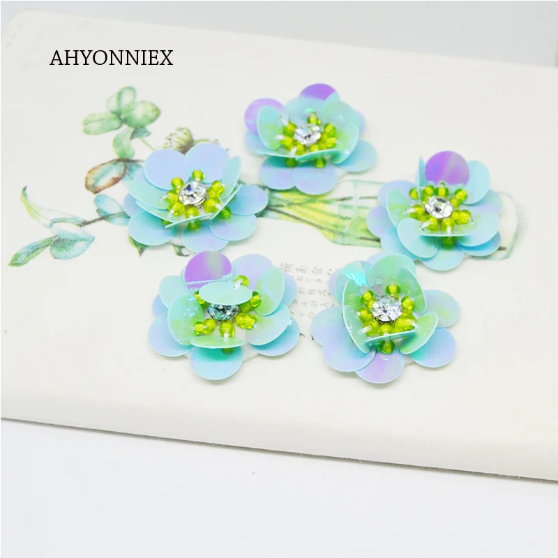 5PCS R062 GREEN AHYONNIEX 5 шт./партия, нашивка на одежду с маленькими блестками и бусинами и цветами, Модная отделка бисером, носки для обуви, аксессуары для творчества - Цвет: 5PCS R062 GREEN