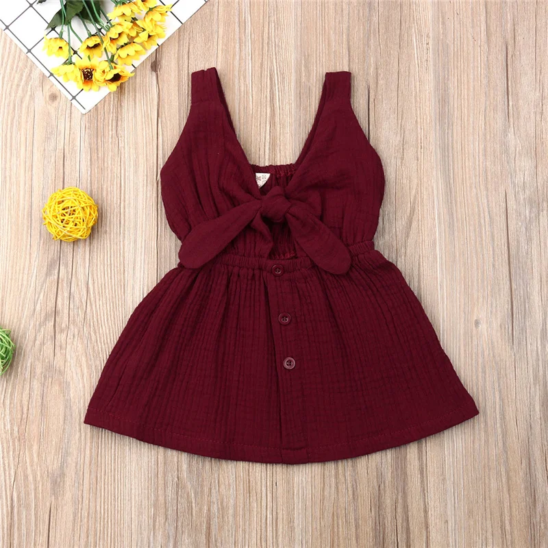Brief Kids Baby Girls Cotton Linen Sundress Solid Princess Sleeveless Bow V-Neck Mini Dress Girl Strap Button A-line 6M-4Y | Детская