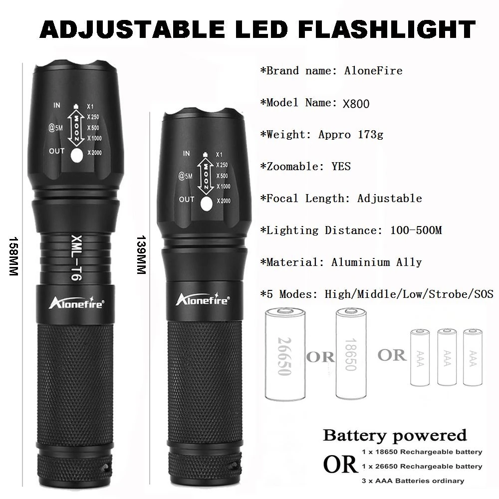 Фонарик AloneFire X800 Cree XM L T6 V6 L2 светодиодный тактический фонарик с зумом уличный