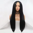Marquesha 180% Плотность прямой средней части натуральные черные синтетические кружевные передние парики термостойкие волосы парик для женщин