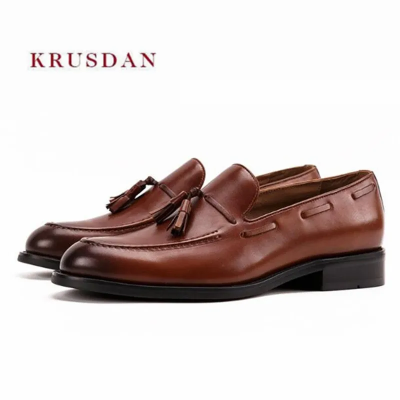 KRUSDAN New Tassel Men Genuine Leather Handmade Slippers Dress Shoes Business Wedding Men's Loafers British Smoking Flats | Обувь