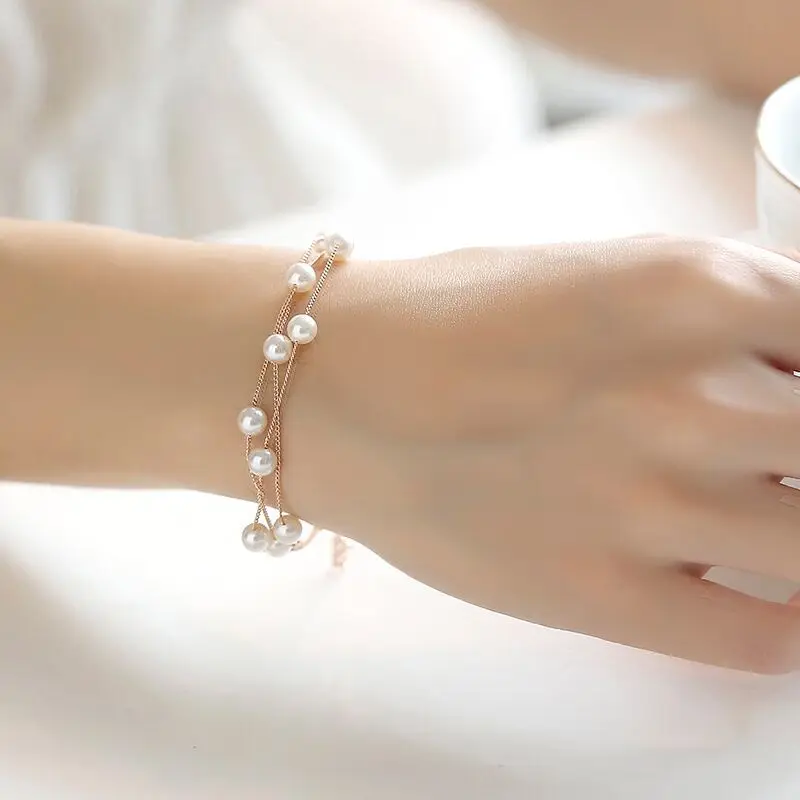 

Simple Sweet Simulated Pearl Bracelets For Women Fashion Double Layer Gold-color Jewelry Bijoux Cute Bracelets & Bangles
