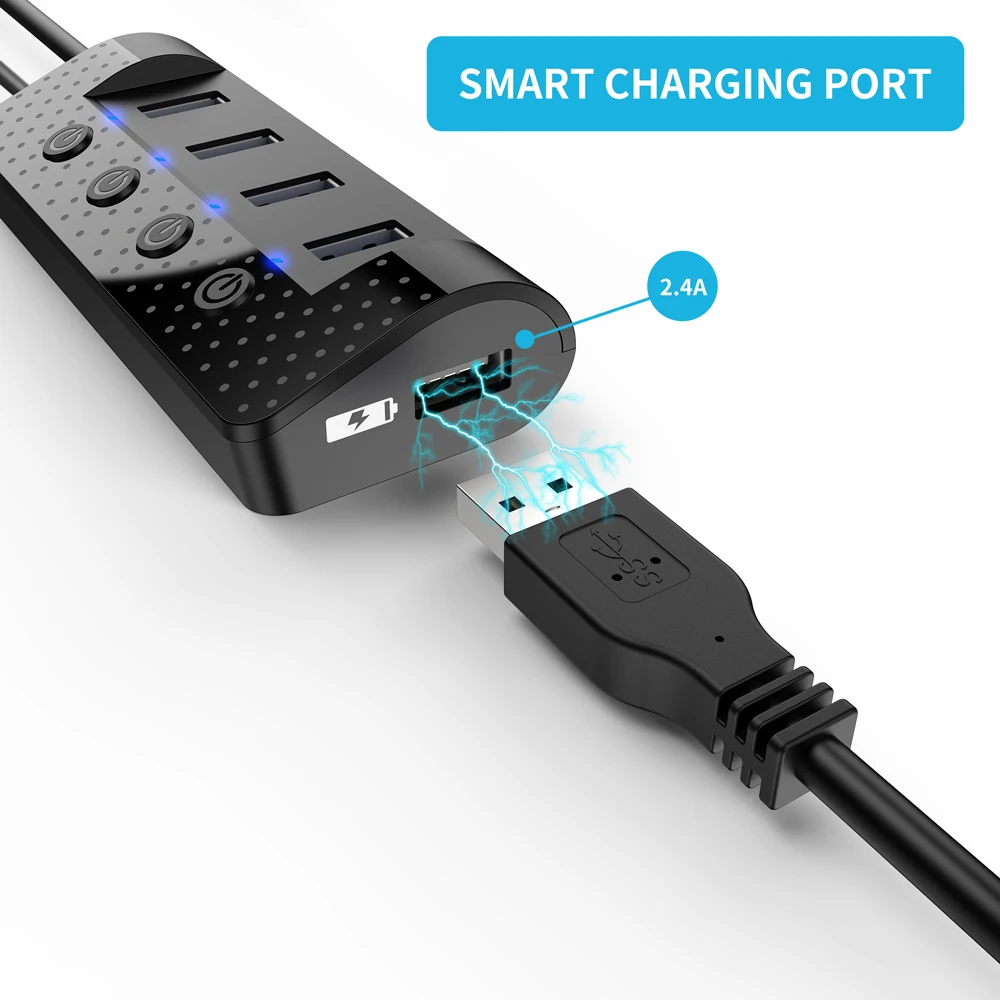Atolla USB 3,0 концентратор разветвитель с 4 USB 3,0 порта передачи данных и 1 USB умный порт зарядки, индивидуальные переключатели питания и адаптер питания