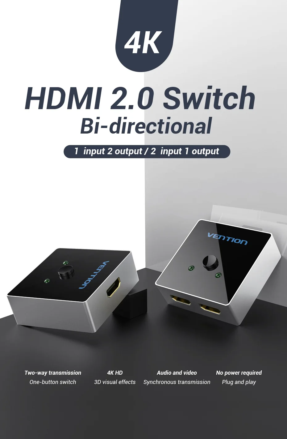 Vention HDMI Разветвитель переключатель HDMI 2,0 4K двухнаправленный коммутатор 1x2/2x1 адаптер 2 в 1 конвертер для PS3/4 ТВ коробка DVD дисплей