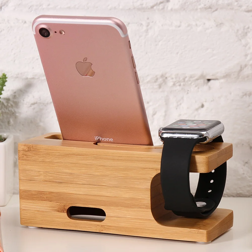 Multi Функция из натуральной древесины бамбука Стенд телефон часы зарядки