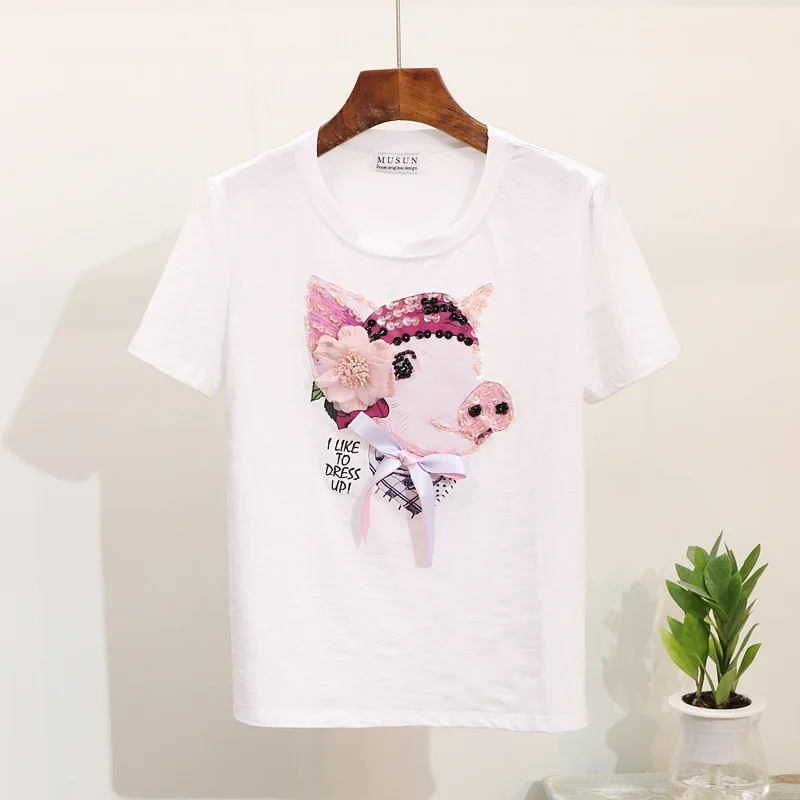 Футболка женская мода 2019 летний топ новый вышитое Блестящим Бисером мультфильм