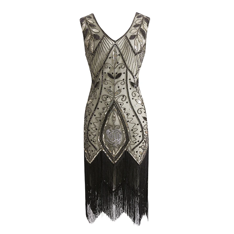 Beige Mujeres s 1920 s vestido de aleta Gatsby винтажный talla grande ruaring S 20 s vestidos de disfraz con flecos para fiesta de gradu - Цвет: Beige