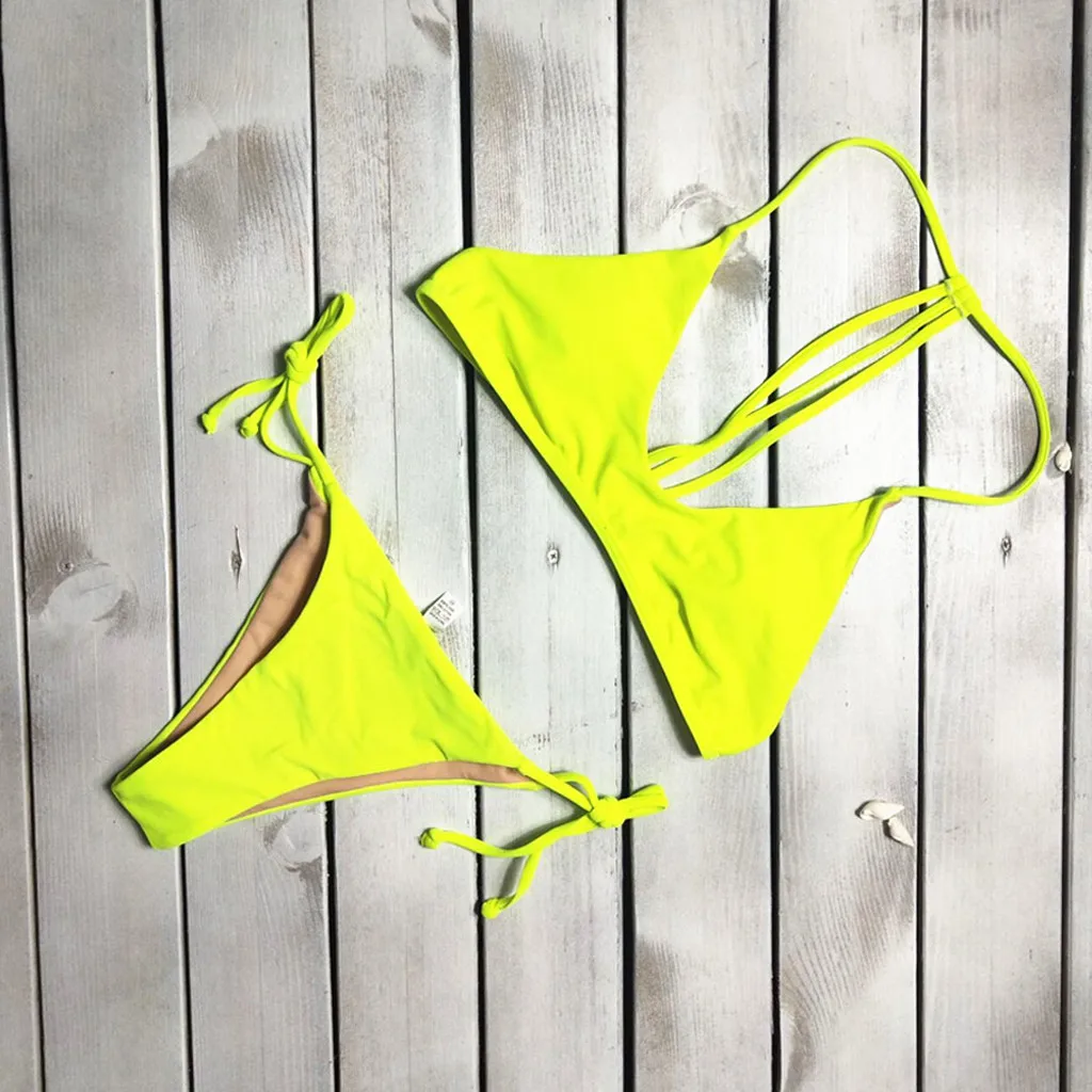 Women Sexy Two Piece Swimsuit Solid Hole Bikini Mid Waist Skinny Set Push-Up Bra Beach Lace Swimwear Beachwear | Спорт и развлечения