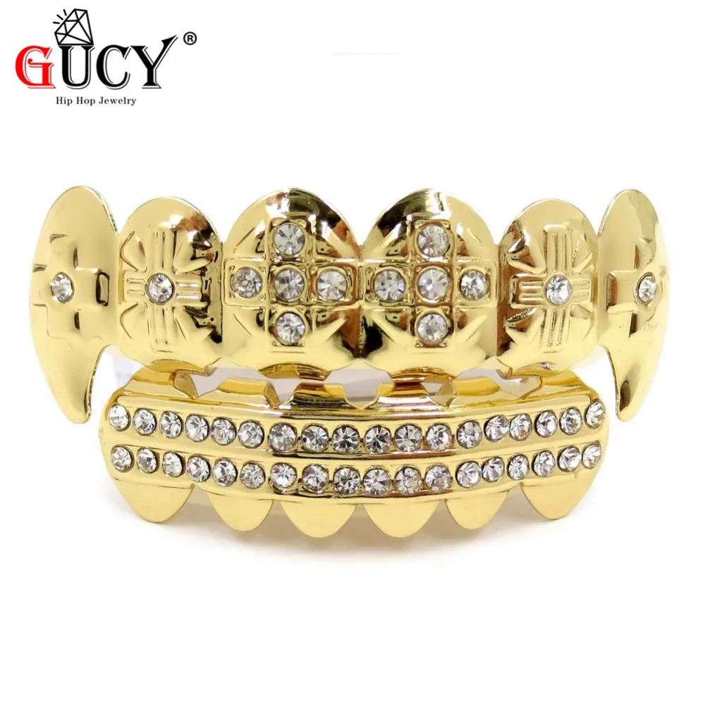 GUCY золото Цвет покрытием льдом CZ зубы GRILLZ шапки крест верхней и нижней зуб шапки хип-хоп Bling грили комплект Рождественский подарок