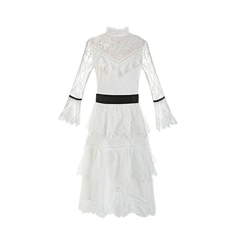 2018 весеннее Белое Короткое женское платье с воротником стойкой и рукавами 3/4