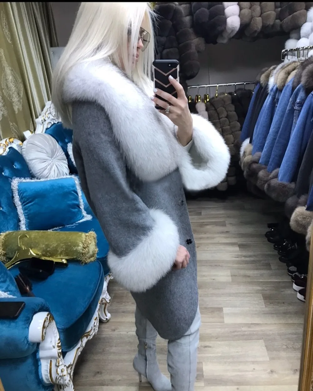 Женское кашемировое пальто из натурального Лисьего меха с рукавом на
