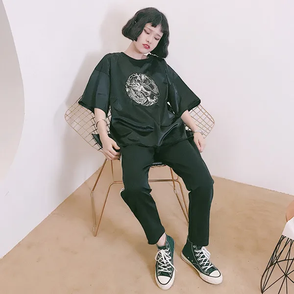 Женская летняя футболка Топ 2019 корейский стиль Ulzzang Harajuku винтажная вышивка