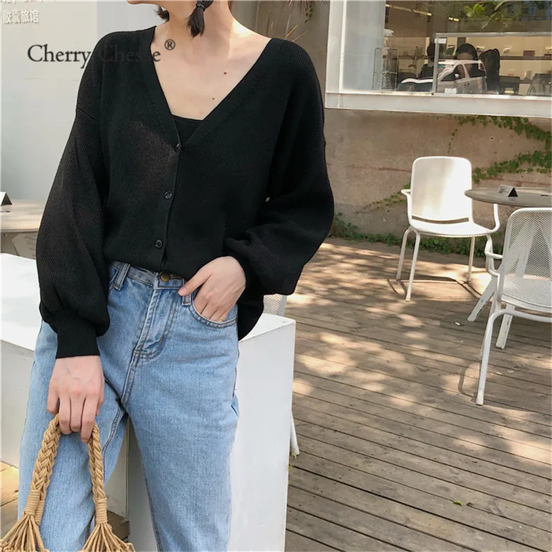 Cherry Chesse Sweet Solid Women Sweater Button V Neck Tops Autumn Casual Slim Female |