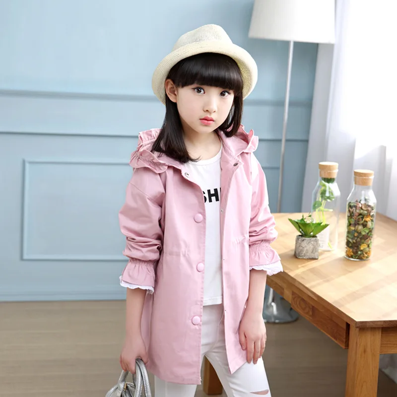 

2017 Children Girl Trench Coat Spring Fashion Lace Hoodied Jackets Cotton Coats Hoodies Outfits 4-14T