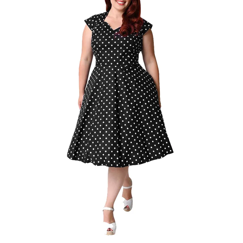 black plus size Женское платье 8XL 9XL размера плюс Ретро в горошек большого размера 4XL 5XL 6XL Вечерние черные винтажные платья миди 1950s 60s рокабилли - Цвет: black plus size