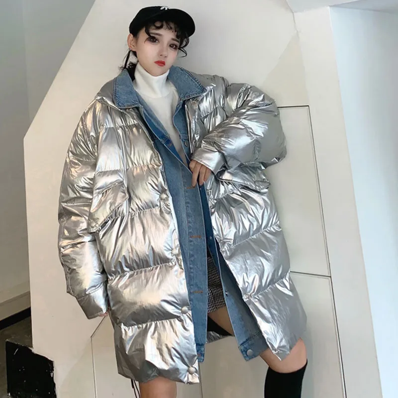 Теплая Глянцевая Серебристая черная парка для женщин Harajuku BF Свободная куртка ветровка пальто Зимняя утепленная Глянцевая пуховая парка для женщин