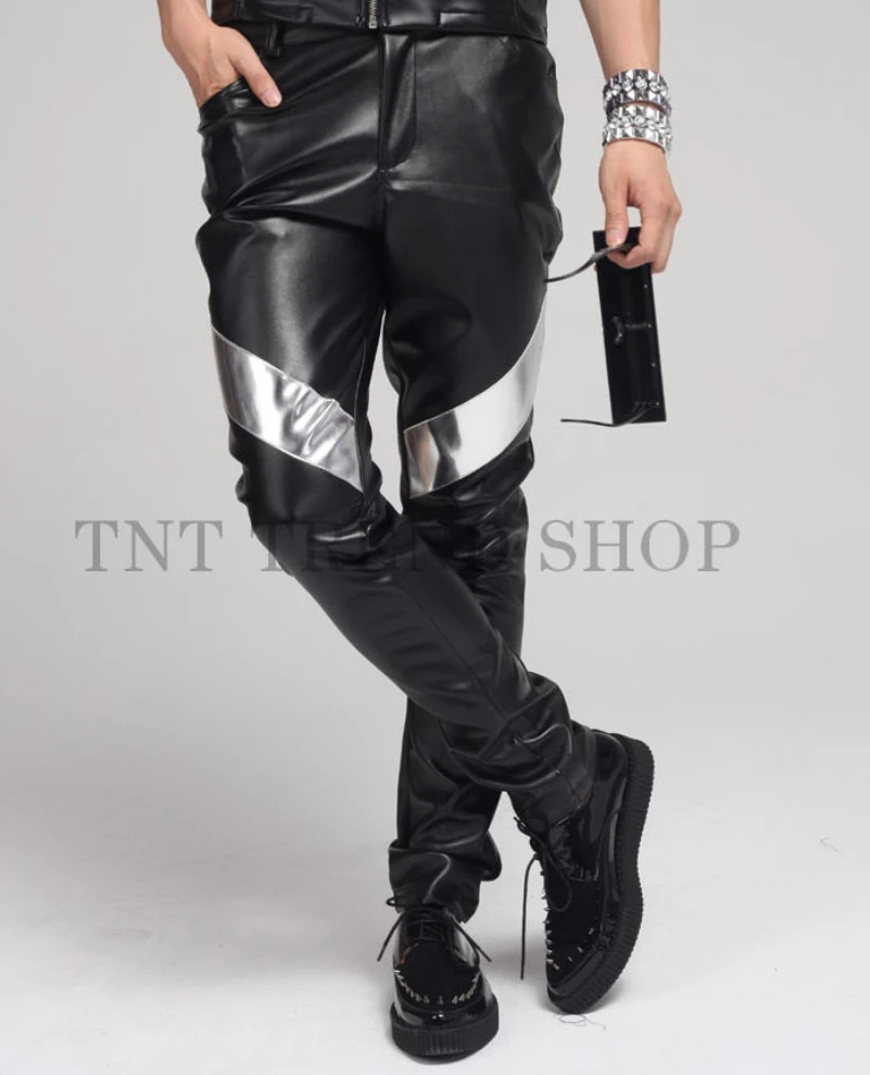 S-5xl ! Fashion Men Brand Stage Singer Dane Mirror Decoration Leather Casual Pants Costume Clothing Plus Size Trousers