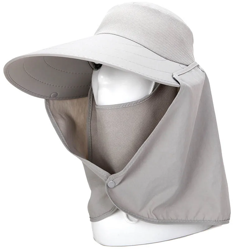 light grey Hot Summer Women Sun Hat Removable Neck Face Flap Farmer UV Protection Cap for Outdoor Fishing HD88 - Цвет: light grey