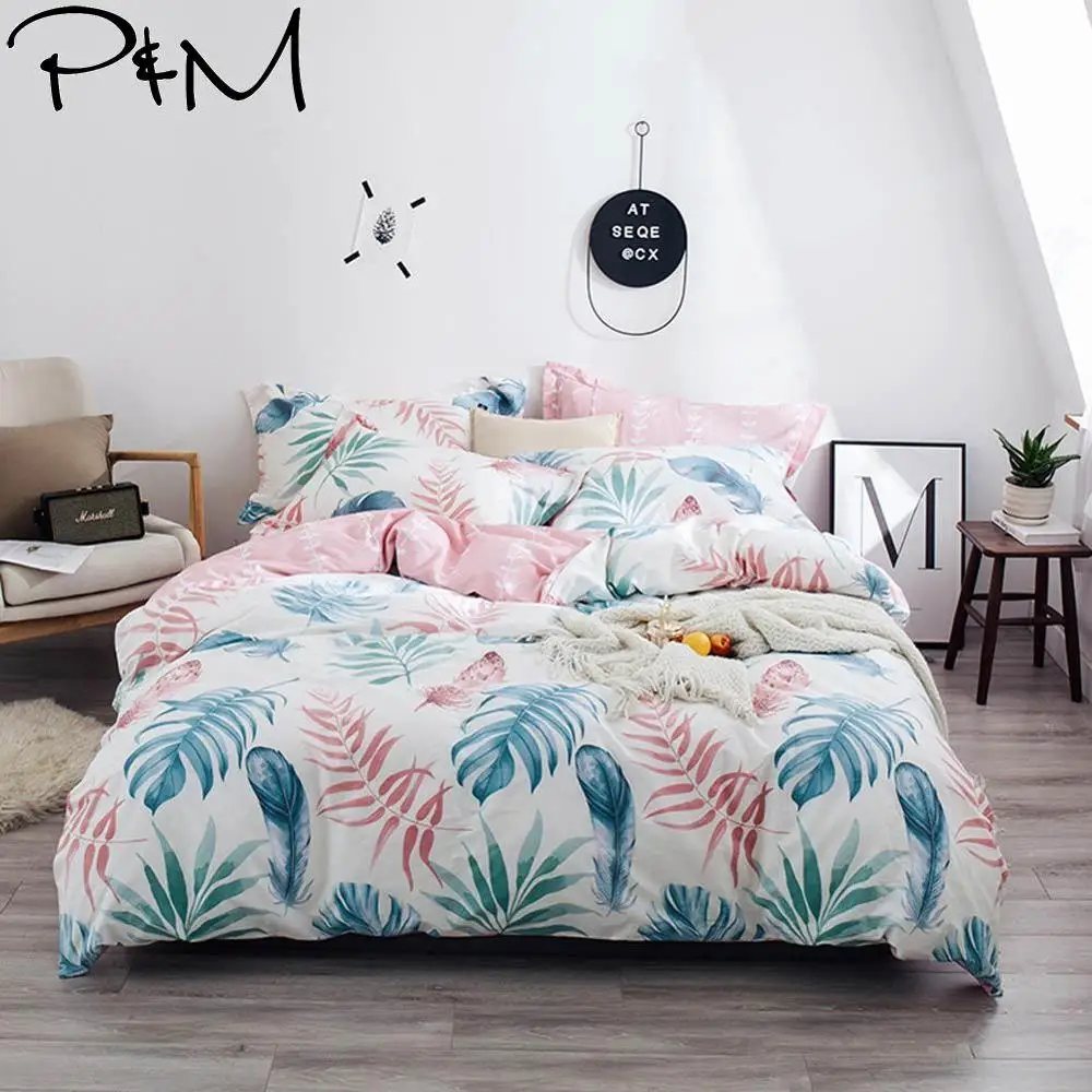 INS/набор постельного белья из хлопка с голубыми розовыми перьями и листьями