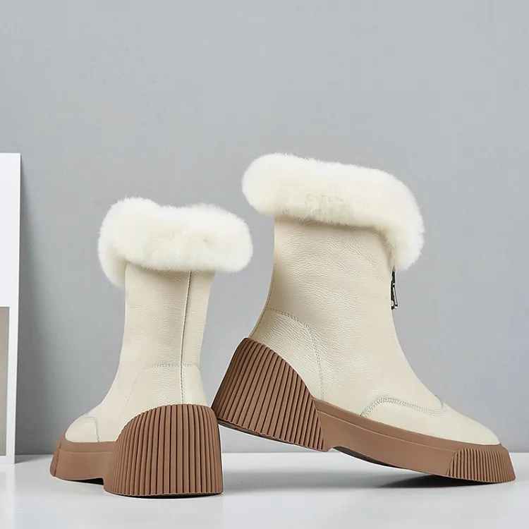 GPOKHDS women snow boots cow leather zippers winter warm wool blend round toe high heels boots