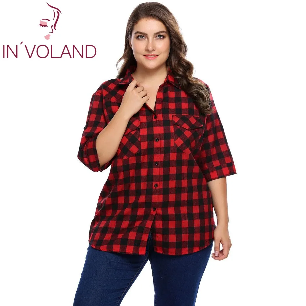 IN'VOLAND, женская блузка большого размера, Blusas, осень, 3/4 рукав, в клетку, на пуговицах, пуловеры, повседневные, женские блузки, топы размера плюс 4XL