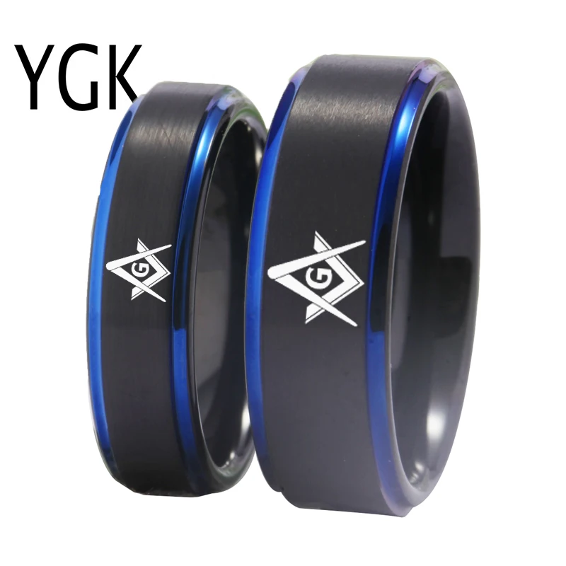 YGK Brand Couple Wedding Jewelry For Lovers Couple Tungsten Ring Black Blue Tungsten Wedding Ring Masonic Design Mason Ring