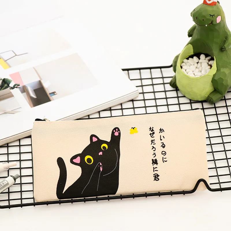 Милые холщовые сумки для карандашей с изображением кошки чехол на молнии Etui