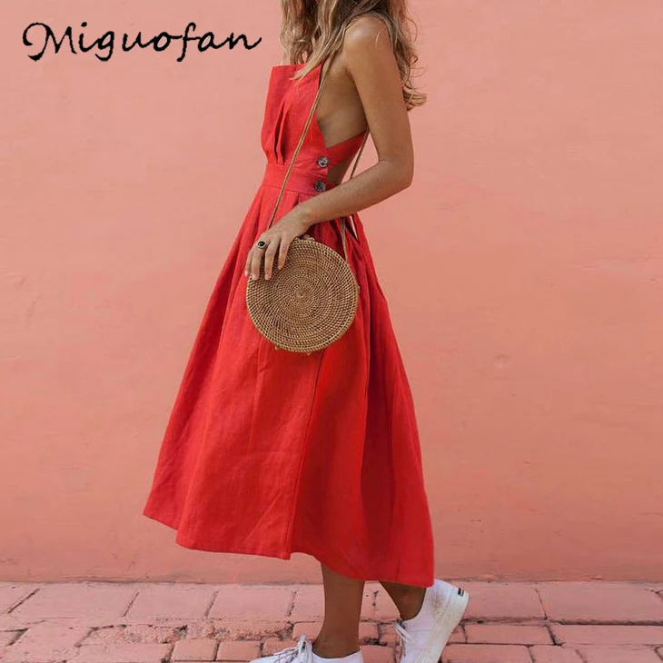Женское длинное платье Miguofan однотонное комбинация с открытой спинкой и