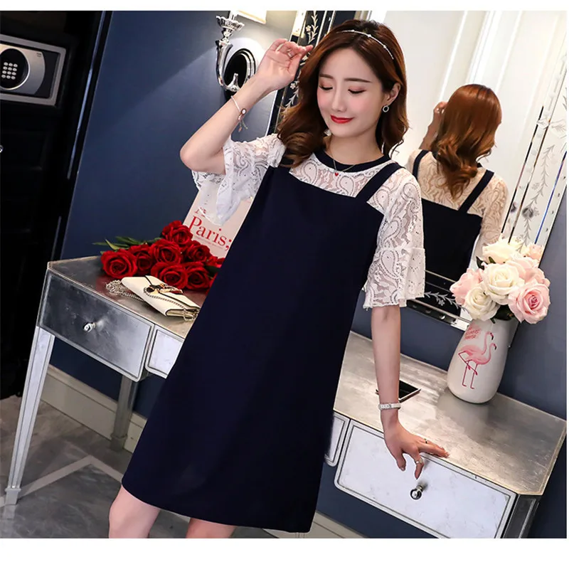

Summer Maternity Dress fashion tide mom slim lace stitching dress maternity dress for pregnant women Pregnancy Cloth Pink Blue