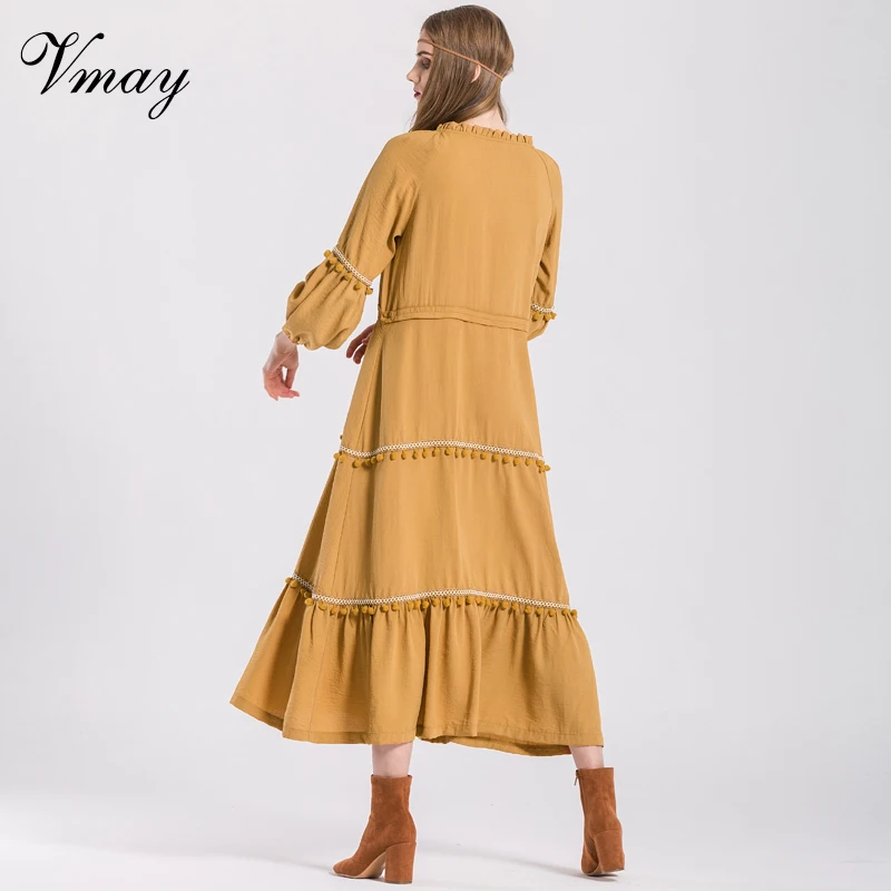 Vmay 2018 New Arrival Women Elegant Bohemian Long Dresses V-Neck Lantern Sleeve Tassel Patchwork Boho Maxi Dress V1710419 | Женская