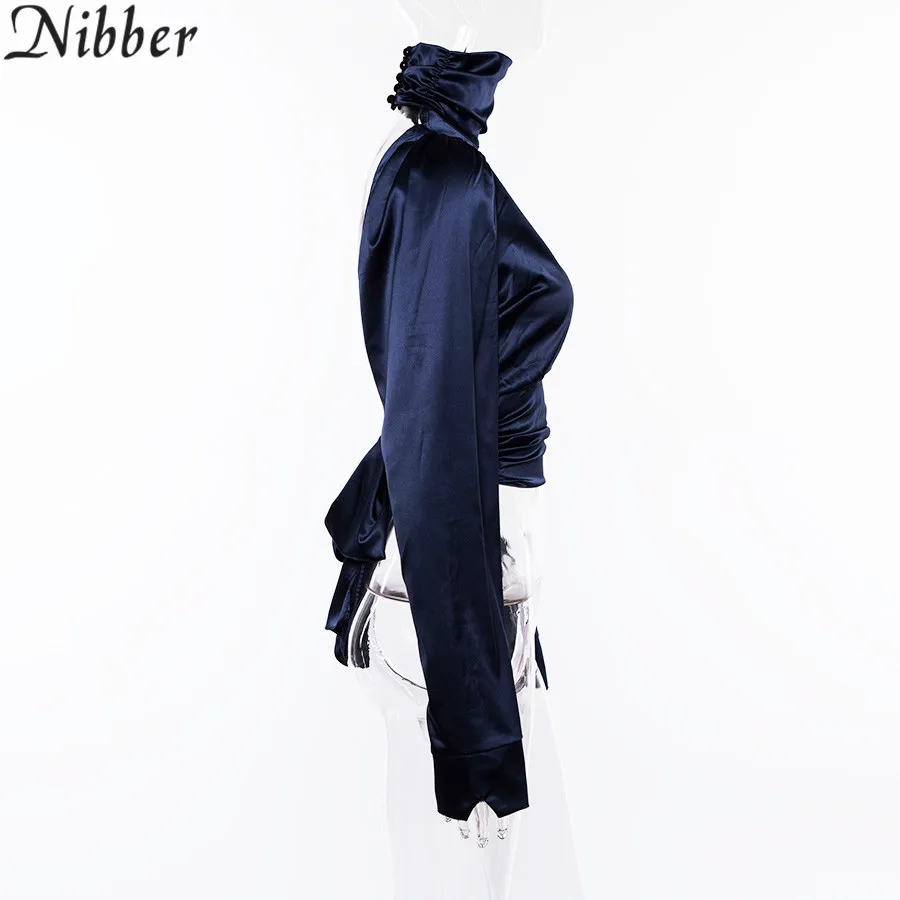 Nibber осень зима новые женские элегантные топы синий хаки дикая открытая спина с длинным рукавом футболка леди темперамент был тонкий домашняя одежда