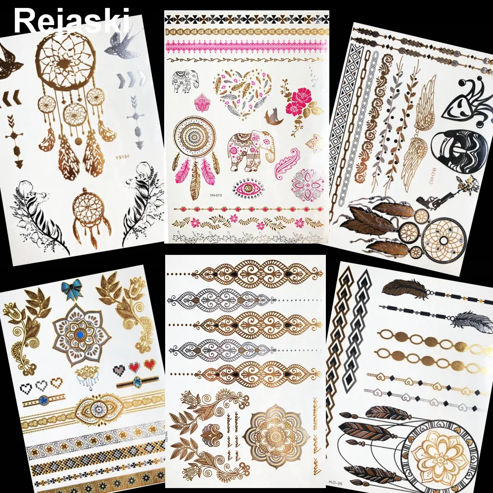 

Dream Catcher Temporary Golden Metal Tattoo Stickers Ganesha Girl Indian Chain Henna Mandala Flower Flash Tattoo Women Tatto leg