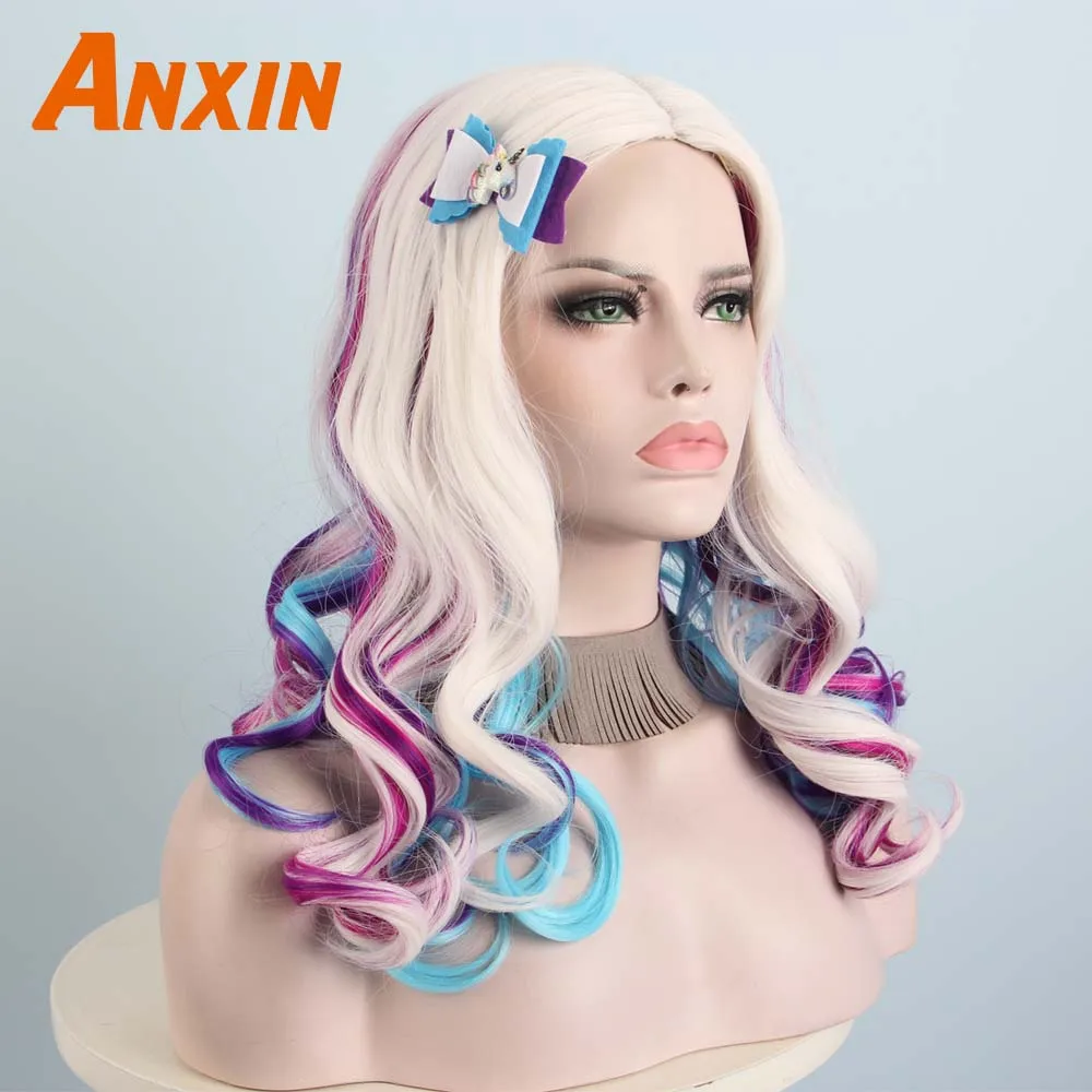 WigF And Free ACC Anxin милые длинные волнистые красочные парики с цветком Bwoknot аксессуары вечерние аниме термостойкие синтетические парики для женщин девушек - Цвет: WigF And Free ACC
