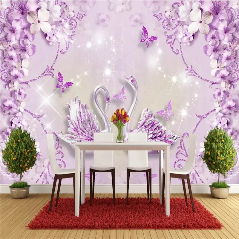 

Noble gorgeous purple flowers 3d swan TV background professional production murals custom photo wallpaper home decoration