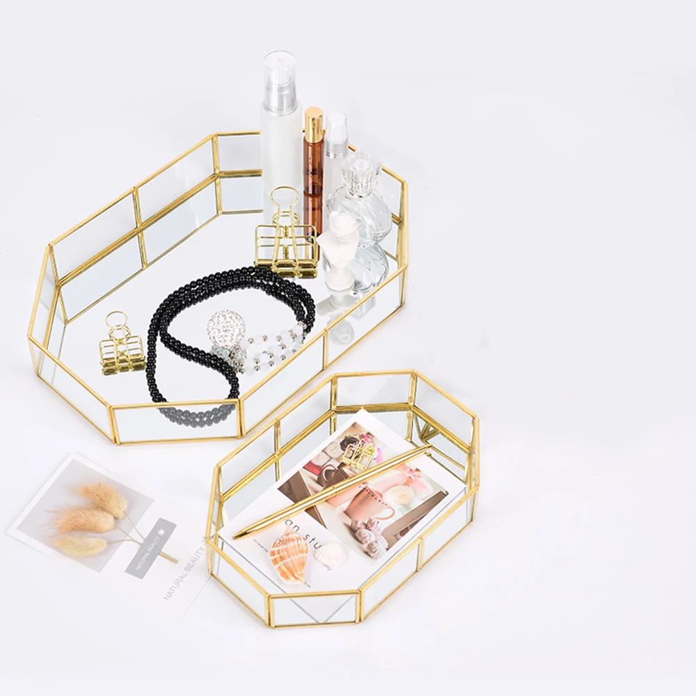 Nordic Style Glass Copper Geometry Storage Baskets Box Simplicity Style Home Organizer For Jewelry Necklace Dessert Plate