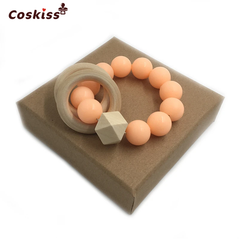 Mordedor para beb&eacute;, pulsera de lactancia con cuentas de silicona de grado alimenticio, mordedor de anillo de madera seguro para la Naturaleza, brazalete org&aacute;nico para beb&eacute;, juguetes-4