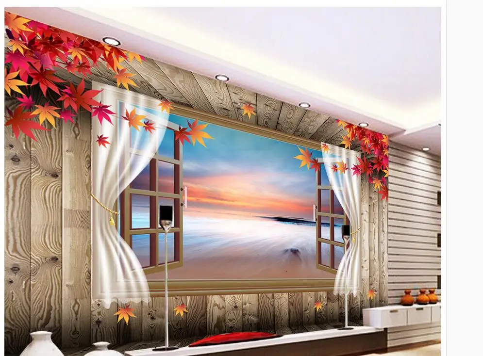 Обои для гостиной 3D клен деревянный пол окна шторы в средиземноморском стиле