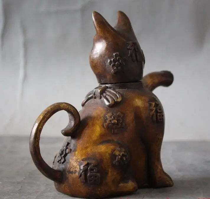 Старый Китайский Фэншуй Бронзовый счастливый кот киска статуя винный чайник|teapot