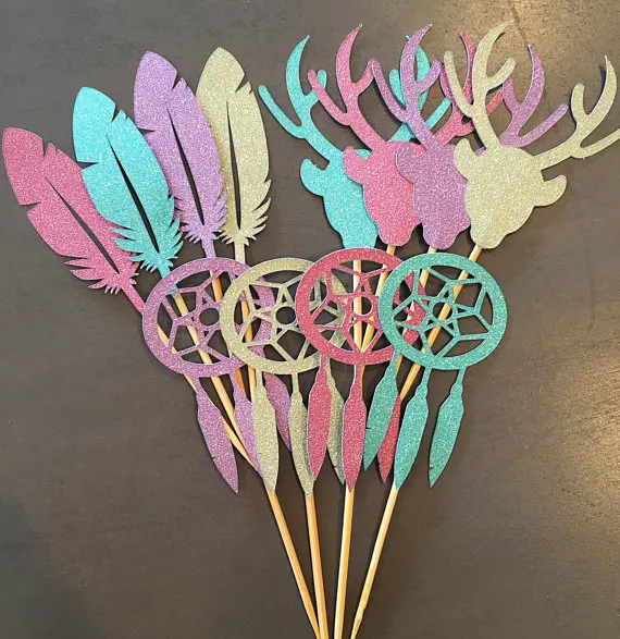 

glitter Stag Head Feather Dream Catcher Cupcake Appetizer toppers bridal shower Wedding engagement Bachelor party food picks