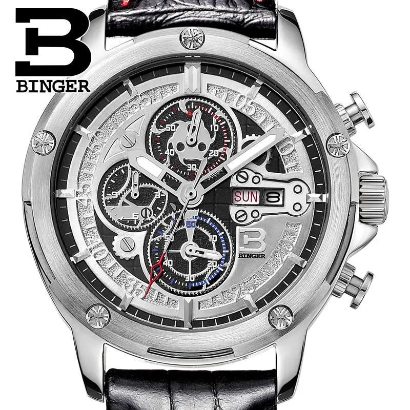 

Switzerland men's watch luxury brand Wristwatches BINGER Quartz men watches leather strap Chronograph Diver glowwatch B6009-3