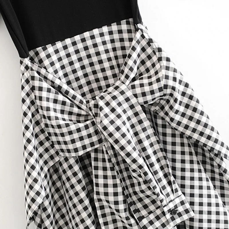 

Elegant Short Sleeve Plaid Patchwork Long Dress Female Summer Slim Bow Lace Up Ruffles Dress Streetwear High Waist College Dress