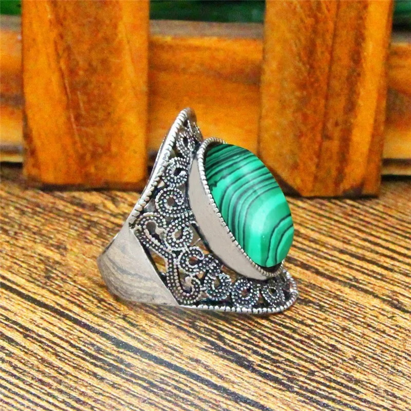 Oval Malchite Rings For Women Flower Desing Vintage Look Antique Silver Plated Fashion Jewelry TR666|Кольца| |