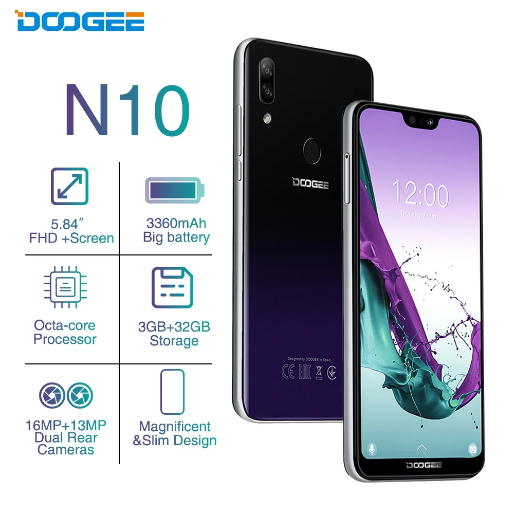 DOOGEE N10 Восьмиядерный 3 GB Оперативная память 32 ГБ Встроенная память Android 8,1 смартфон 5,84 дюйма FHD+ 19:9 Дисплей 16.0MP Камера 3360 mAh мобильный телефон