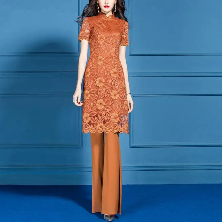 Женский комплект из двух предметов оранжевые Модные расклешенные брюки большого